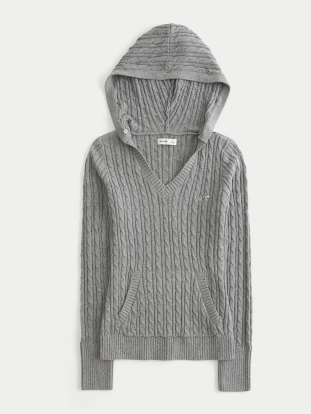 Hollister Gray Cable-Knit Sweater with Faux-Fur Hood Trim Size M Like New